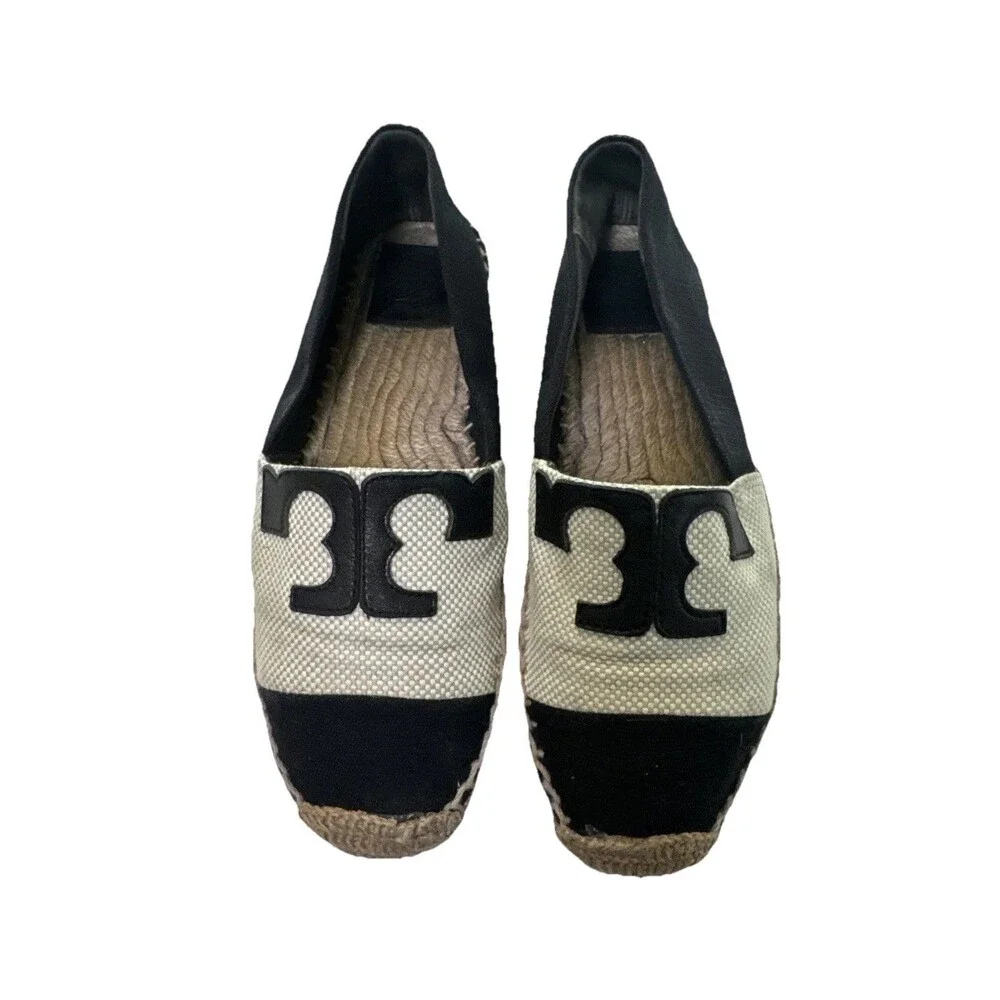Tory Burch Women's 6.5 Blue Flat Espadrilles Logo Leather Slip On Shoes